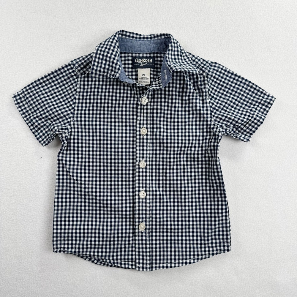OshKosh Bgosh Toddler Boys Navy Blue White Gingham Short Sleeve Button Down 2T